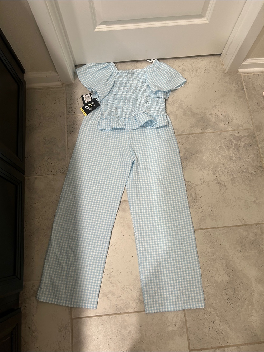 art class Light Blue Gingham Smocked Jumpsuit with Ruffle Waist. $20